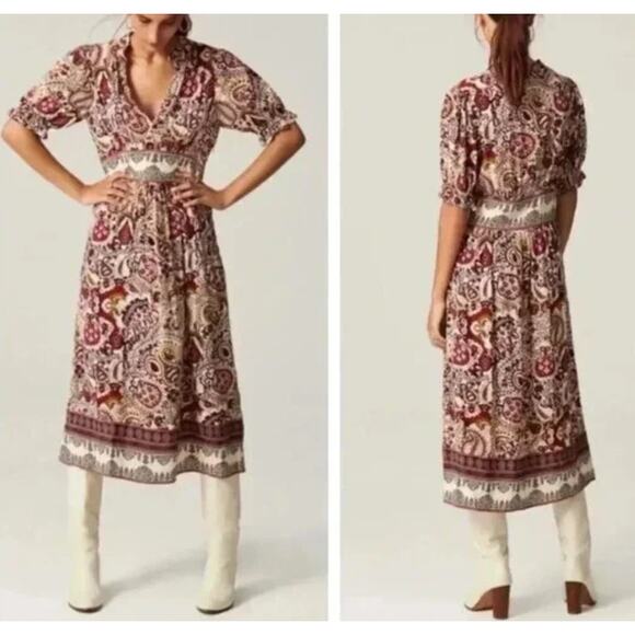 ba&sh Zael Paisley Floral Midi Lady Dress Ecru Boho Cottagecore Summer Spring - Picture 2 of 13
